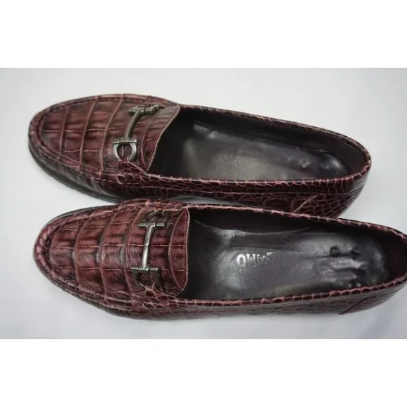 Salvatore Ferragamo Alligator Croc Red Horsebit Gancini Bit Loafers Sz 8B